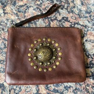 Patricia Nash Brown Leather Wristlet with Gold Metal Accents